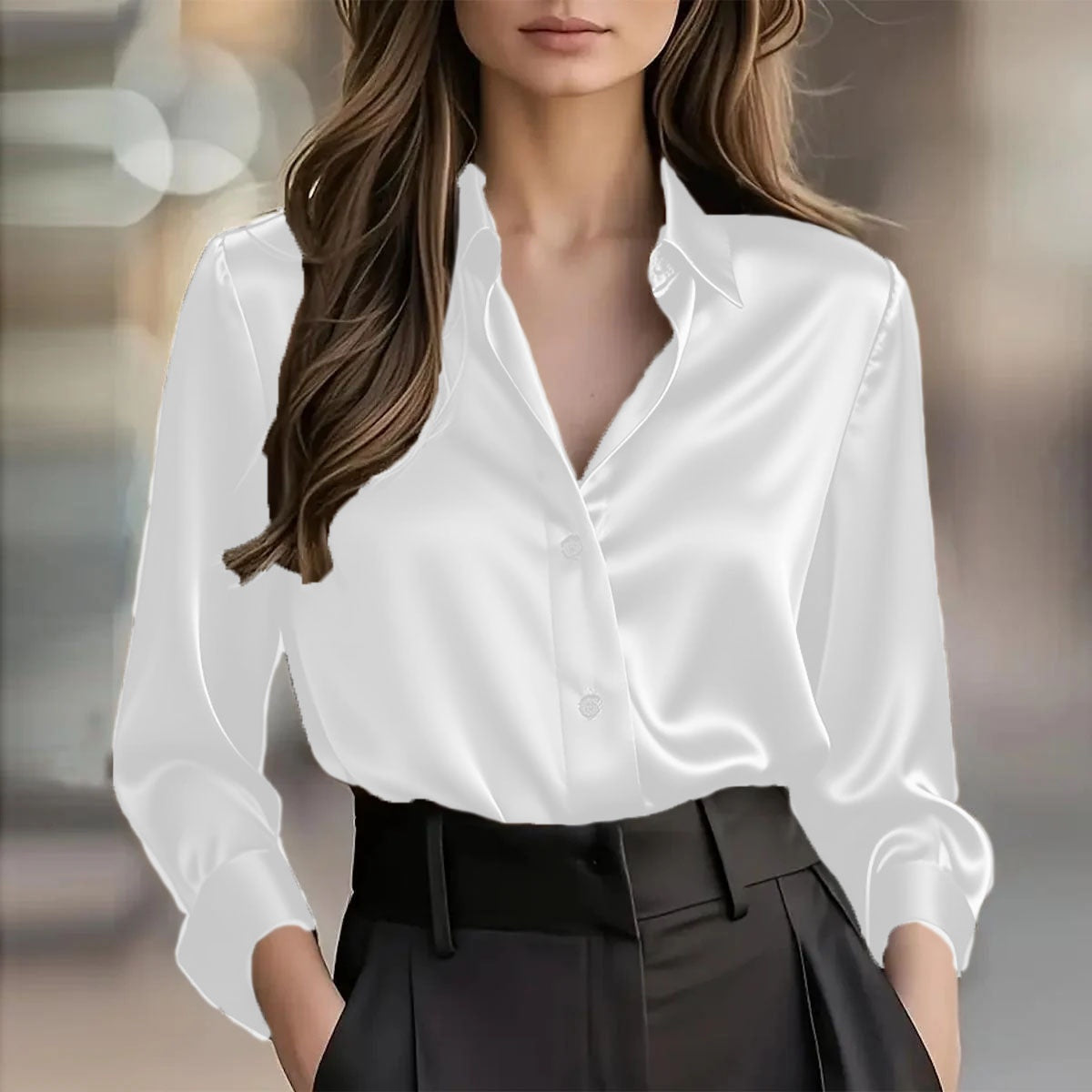 Elegant Satin Long Sleeve Blouse For Women Button-Up Collar Shirt Perfect For Casual Professional Business Work Wear Women's Clothing