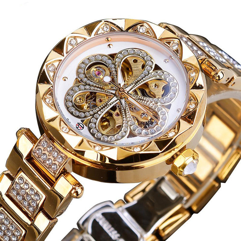 Forsining Mechanical Automatic Ladies Watches Luxury Rhinestone Female Wrist Watches Rose Gold Stainless Steel Clock