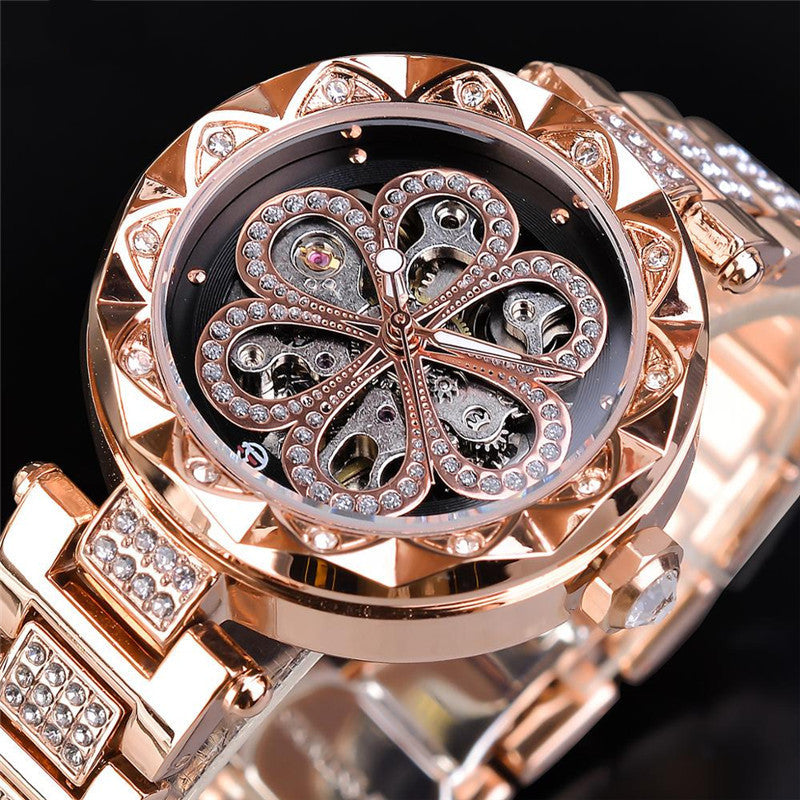 Forsining Mechanical Automatic Ladies Watches Luxury Rhinestone Female Wrist Watches Rose Gold Stainless Steel Clock