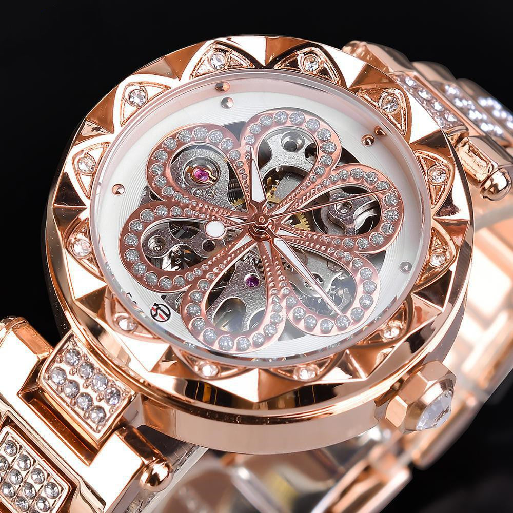 Forsining Mechanical Automatic Ladies Watches Luxury Rhinestone Female Wrist Watches Rose Gold Stainless Steel Clock