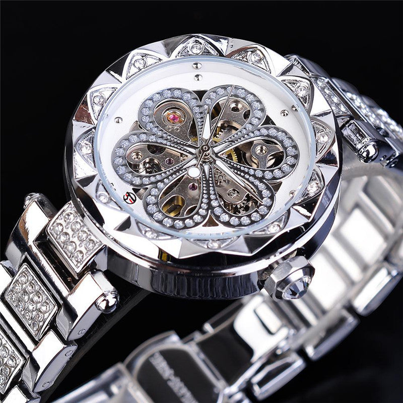 Forsining Mechanical Automatic Ladies Watches Luxury Rhinestone Female Wrist Watches Rose Gold Stainless Steel Clock