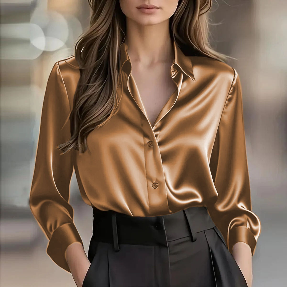 Elegant Satin Long Sleeve Blouse For Women Button-Up Collar Shirt Perfect For Casual Professional Business Work Wear Women's Clothing