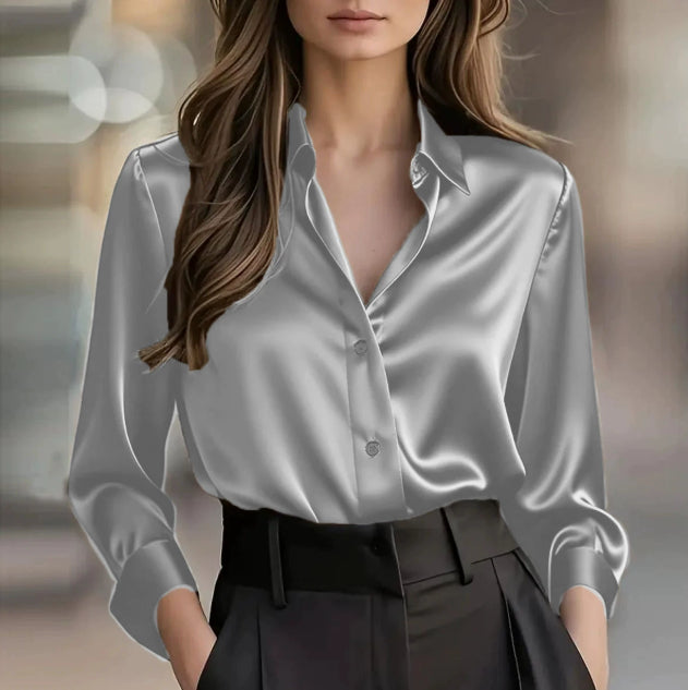 Elegant Satin Long Sleeve Blouse For Women Button-Up Collar Shirt Perfect For Casual Professional Business Work Wear Women's Clothing